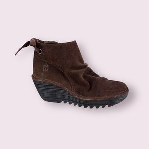 Fly London Brown Suede Leather Yebi Wedge Short Ankle Boot Booties Wm's Size 39